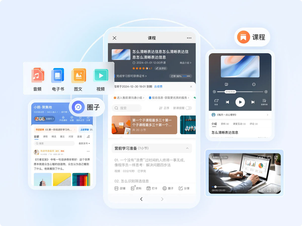 小鹅通提供多样化的内容工具,轻松搭建知识体系